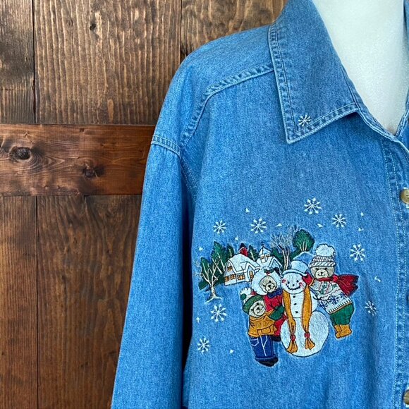 Vintage Brooks Woman Denim Embroidered Christmas Shirt Sz 22W/24W - Picture 4 of 9